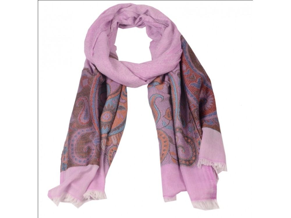 Silk Pashmina Stole / Scarf in Pink with Multicolor Border Size 70*30